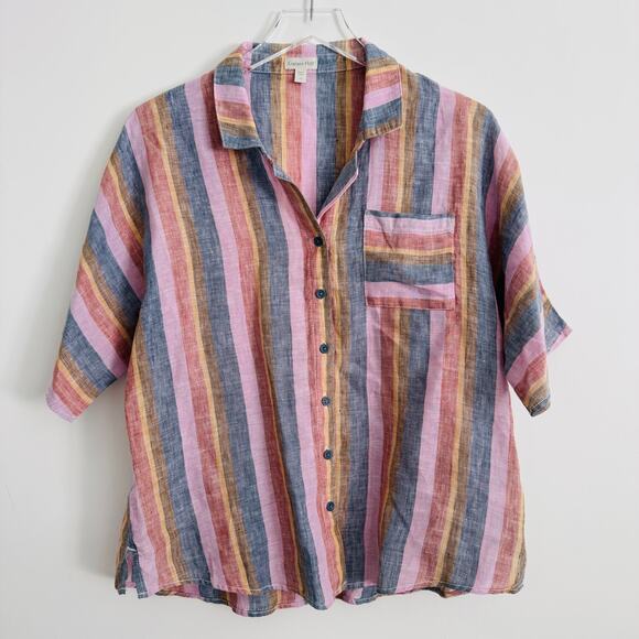 Garnet Hill Tops - Garnet Hill Rainbow Striped Button Front Linen Collared Shirt Sz 14